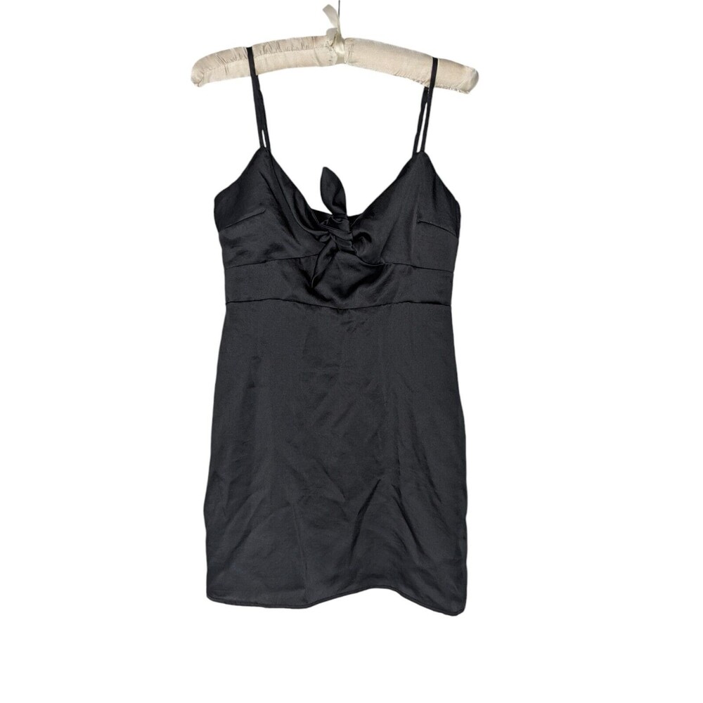 Cotton Candy Mini Dress M Womens Black Spaghetti Strap Slinky Tie Front Satin